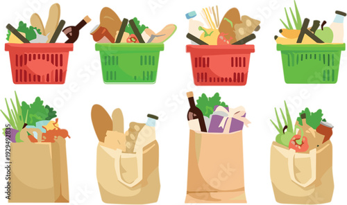 Grocery Shopping Bags and Baskets with Fresh Food Products Vector Illustration Featuring Vegetables, Bread, Dairy and Household Market Supplies Collection