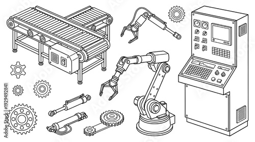 Industrial Automation Machinery Icon Set – Factory Robot and Manufacturing Equipment Vector
