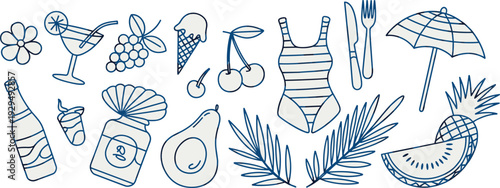 Summer vacation doodle collection, tropical beach elements with fruits, cocktail, swimsuit and umbrella hand drawn outline illustration set
