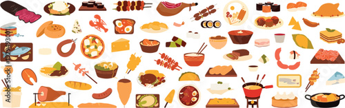 International Cuisine Food Icons Set Featuring Sushi, Pizza, Tacos, Pasta, Seafood, Desserts and Traditional Dishes Vector Illustration Collection