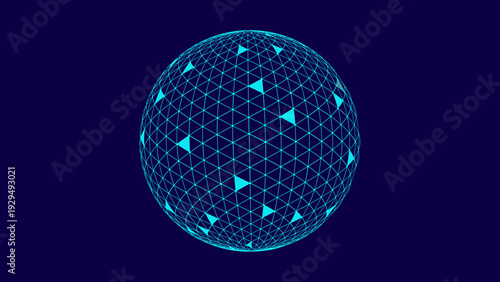 A glowing blue sphere made of interconnected lines and dots floats in a dark
