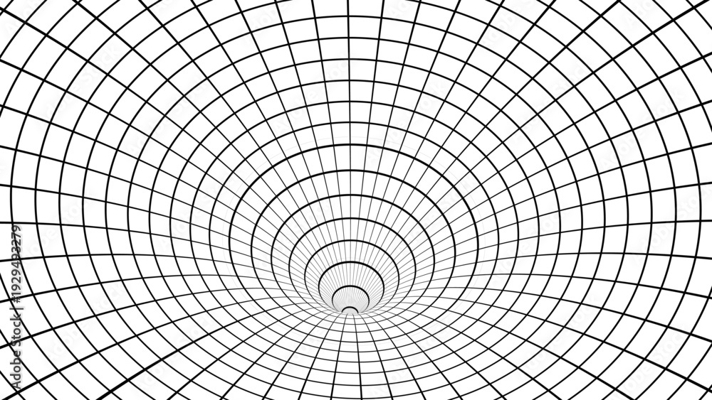 Obraz premium Geometry wireframe 3D tunnel, wormhol or portal on white background. ci-fi digital illustration of portal though time and space.. Y2K Cyberpunk elements in trendy psychedelic rave style. 