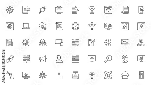 Marketing and SEO icon set. Vector symbols for social media, analytics, web development, security, content, and advertising. Editable stroke graphics.