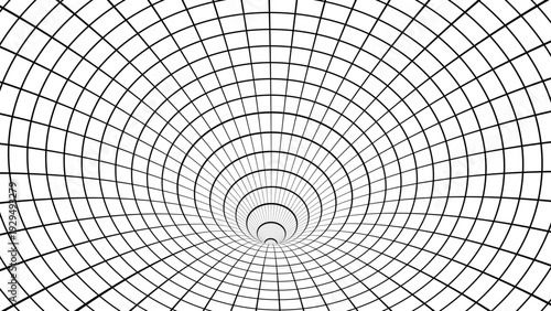 Geometry wireframe 3D tunnel, wormhol or portal on white background. ci-fi digital illustration of portal though time and space.. Y2K Cyberpunk elements in trendy psychedelic rave style.
