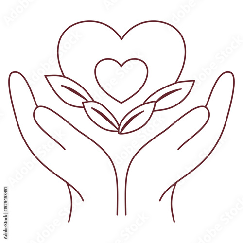 Hands cupping heart leaves support caring medical line art icon