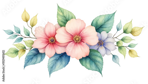 Watercolor floral arrangement with pink flowers.