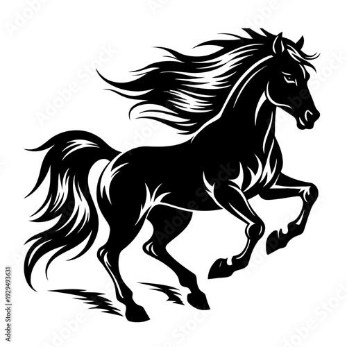 Three black horses with a white background that says horses