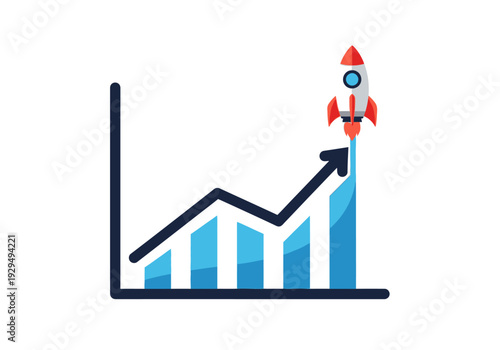 Rocket Launching Over Growing Business Bar Chart.