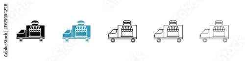 Food truck icon in line art style on white background for graphic and web design.