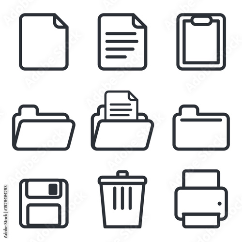 業務で使えるオフィスのモノクロ線画アイコンセット（書類・フォルダ・印刷・削除・保存）