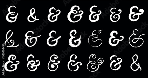 Black Hand drawn and brush made ampersands symbols. Pen and ink, grunge and other style. doodle and calligraphic style