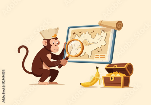 Monkey Explorer with Magnifying Glass and Treasure Map.