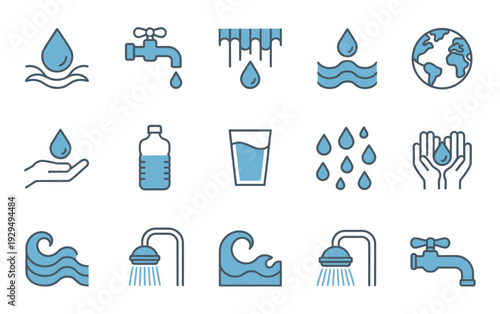 Water icons set with drops faucet glass bottle recycling symbol waves shower hydration conservation vector illustration