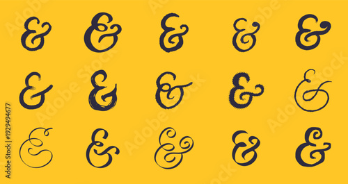 Black Hand drawn and brush made ampersands symbols. Pen and ink, grunge and other style. doodle and calligraphic style