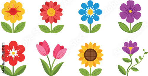 Collection of colorful flat vector flower illustrations featuring sunflowers, tulips, and stylized blooms with green leaves isolated on white background.