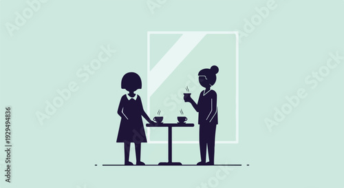 Two women in silhouette enjoying coffee or tea at a small table, minimalist illustration.