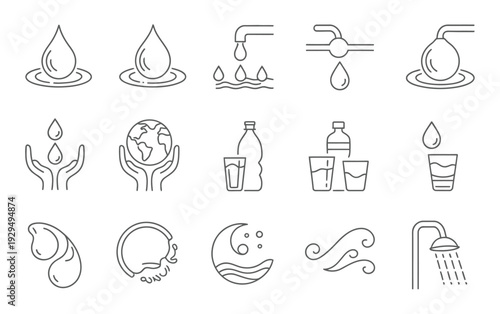 Water icons set with drops faucet glass bottle recycling symbol waves shower hydration conservation vector illustration