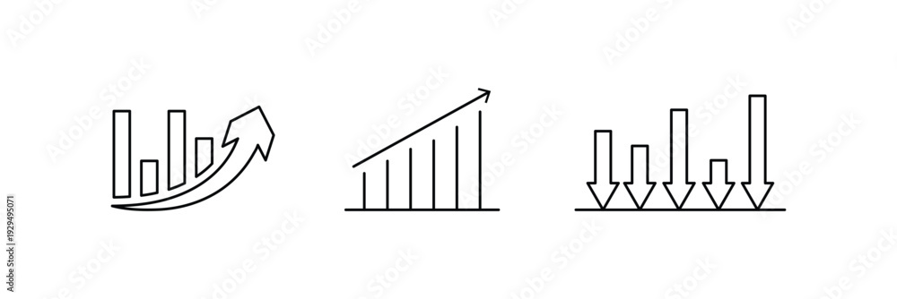 Obraz premium Business Analytics Icon Set – Professional Growth Chart, Trend Arrows, Financial Performance Graphs, and Data Visualization Symbols for Reports & Presentations.eps10