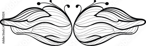 Ornamental butterfly wings line art illustration, symmetrical decorative insect design, elegant black outline vector isolated on white background
