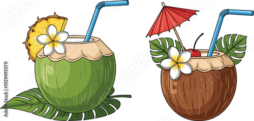 Tropical coconut cocktail vector set with green and brown coconuts featuring blue straws, frangipani flowers, pineapple slices, cherry garnish, and red umbrella for summer vacation.