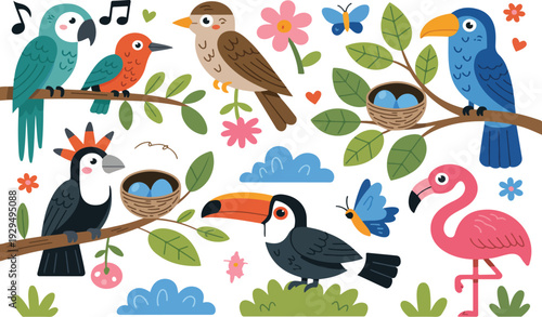 Cute Cartoon Birds Illustration Set with Owls Parrots Flamingo Toucan Nesting Birds and Spring Nature Elements
