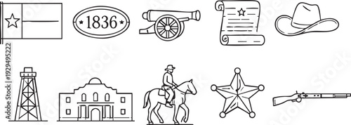 This comprehensive black and white line art collection showcases iconic historical and cultural symbols representing Texas, including the flag, Alamo, cowboy hat, and other significant elements.