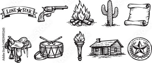 Collection of ten vintage hand drawn western cowboy and frontier life illustration icons celebrating American history and adventure