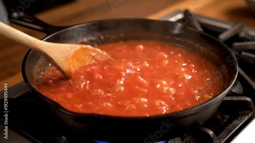  Homemade Tomato Sauce Simmering in Cast Iron Skillet – Rustic Culinary Scene