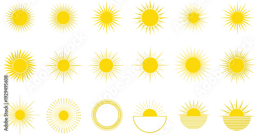 Collection, of, Yellow, Sun, Icons, and, Summer, Sunset, Symbols, with, Various, Sunburst, Rays, for, Weather, Travel, and, Vacation, Design, Projects