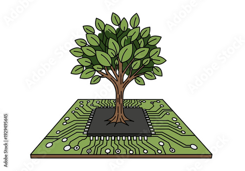 Tree Growing Out of Computer Chip Symbolizing Technology and Nature.