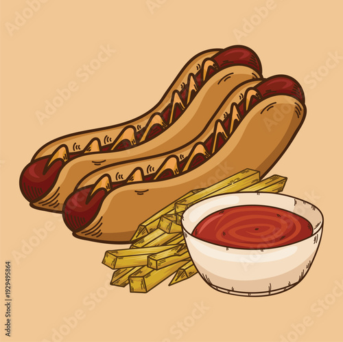 Illustration of fast food in the form of hotdogs french fries and ketchup hotdogs with mayonnaise