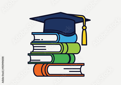 Stack of Books with Graduation Cap Symbolizing Education and Knowledge.