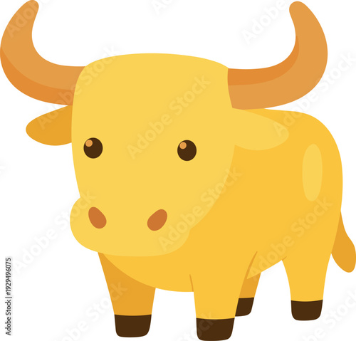 Cartoon golden ox with brown hooves and horns stands on a white background