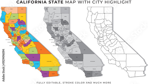 California state map with city highlight colorful regions and outlines