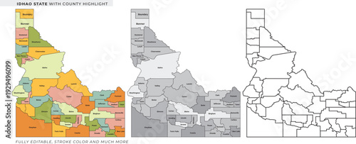 Idaho county map with color coded districts and black outlined regions on white background for navigation and planning