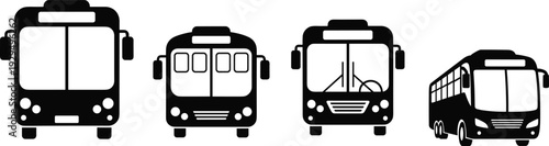 A professional set of four black public transport bus silhouettes including front and side views isolated on a plain white background for travel design
