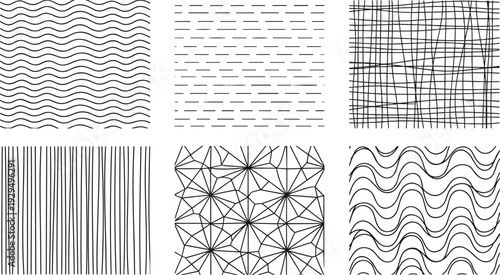 Set of hand-drawn black ink textures featuring wavy lines, dashed patterns, crosshatching, vertical stripes, and geometric star shapes on white.