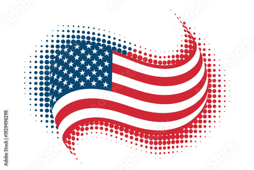 Waving american flag design with halftone dot motion effect for patriotic background and national celebration graphic for independence day