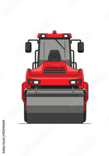 Red Steamroller Construction Vehicle Front View Illustration.