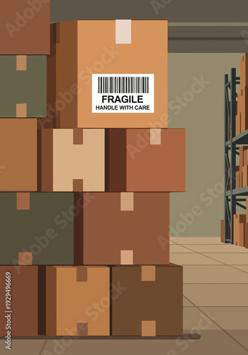 Stack of Cardboard Boxes with Fragile Label.