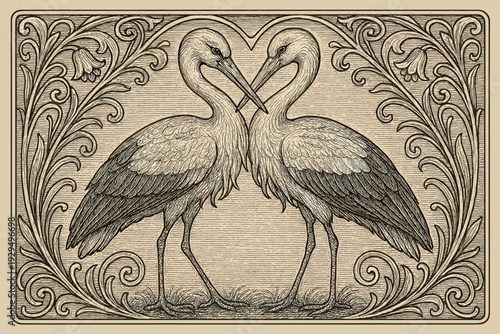 Two lovebirds in an ornate design, expressing affection in a vintage style