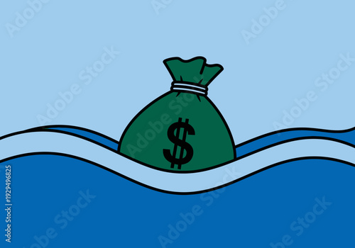 Money Bag Submerged in Water Symbolizing Financial Crisis.