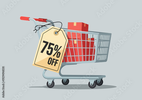 Shopping Cart With 75 Percent Off Tag and Products.
