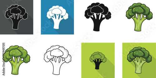 Broccoli icon vector set. Flat, glyph and line style vegetable icons. Modern healthy food symbols collection isolated on colorful backgrounds.