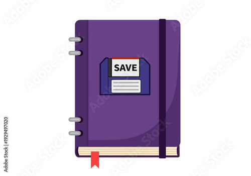 Purple Notebook with Floppy Disk Save Icon.