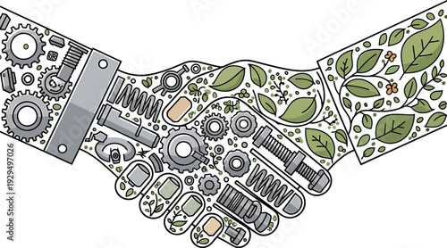International Workers’ Day Eco Industrial Handshake Mechanical Parts Leaves Modern Vector Illustration