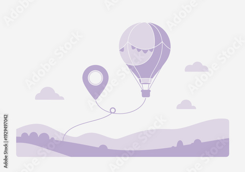 Purple hot air balloon floating above scenic landscape.
