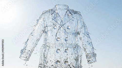 Surreal translucent water trench coat sculpture suspended in bright sunlight, a flowing crystal coat formed by droplets and streams to evoke futuristic fashion and art photography