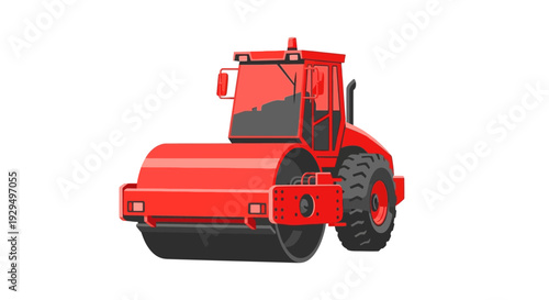 Red Steamroller Vehicle for Road Construction and Paving.