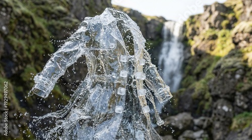 Crystal water droplets arching through the air over a rugged mossy canyon with a powerful waterfall in the background, capturing natural movement, light, and refreshing scenery